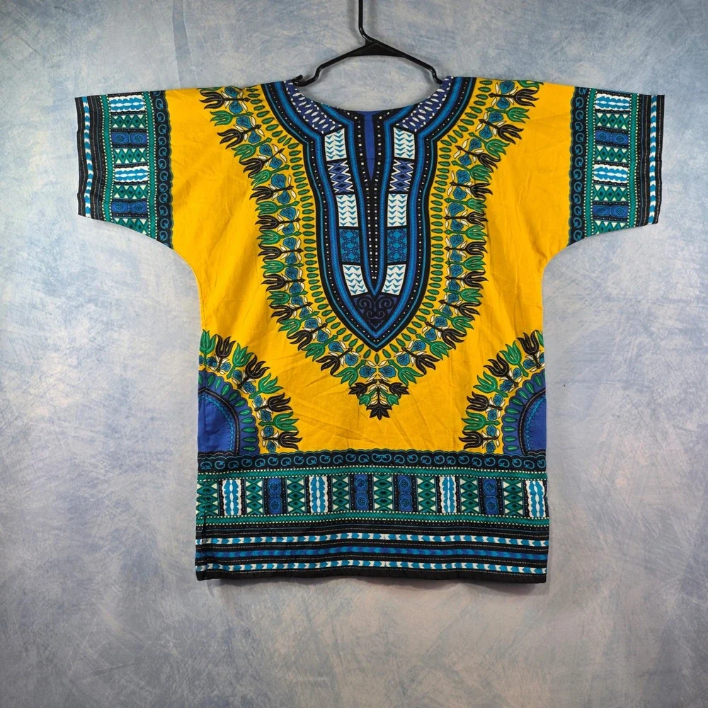 Fresca Mens Dashiki Shirt Yellow Blue African‎ Print Cotton V-Neck Pockets Small